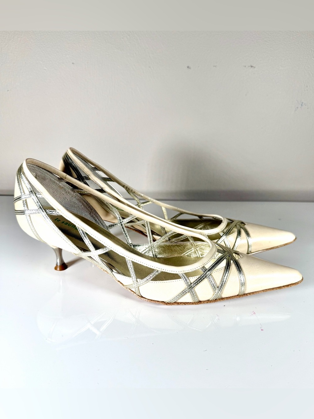 Ivory Pointed-Toe Heels with Silver Trim